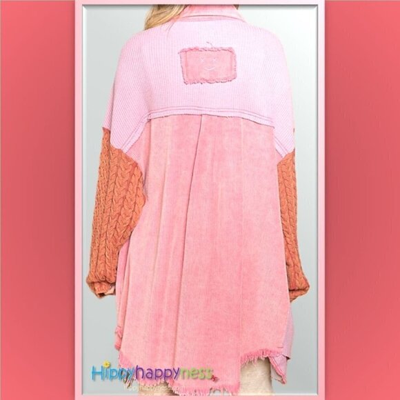 POL Corduroy Sweater Jacket Shacket Distressed Oversized Long Sleeve Pink NWT - Picture 5 of 6